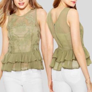 Fairycore sage sheer embroidered peplum ruffle blouse
